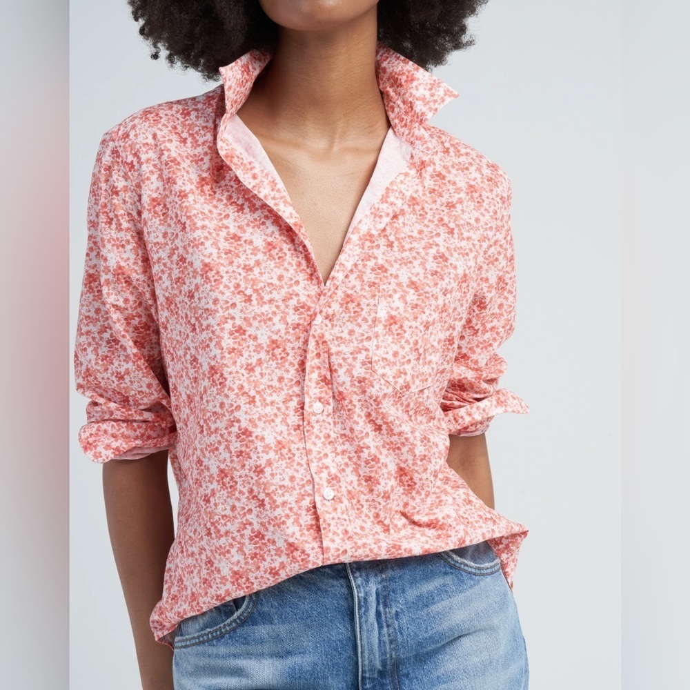 Frank & Eileen Finbar Shirt Womens XS Peach Floral Button Up Relaxed Long Sleeve